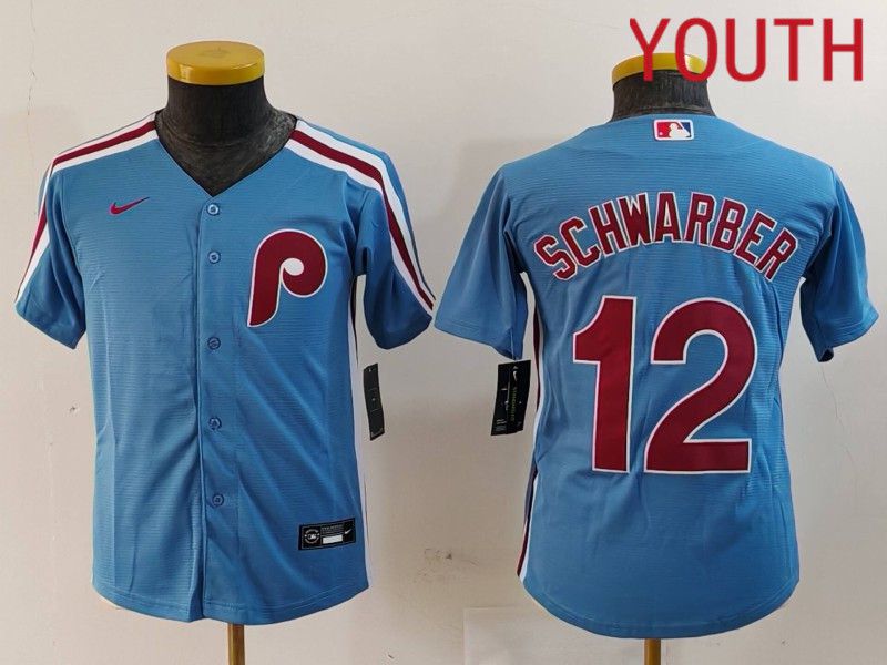 Youth Philadelphia Phillies #12 Schwarber Blue Throwback 2024 Nike MLB Jersey style 1